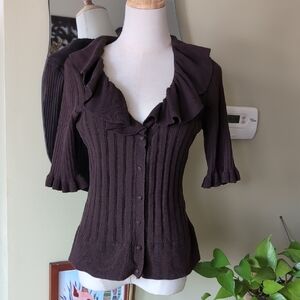 Nygård Collection Brown Ruffle Ribbed Cardigan Petites M